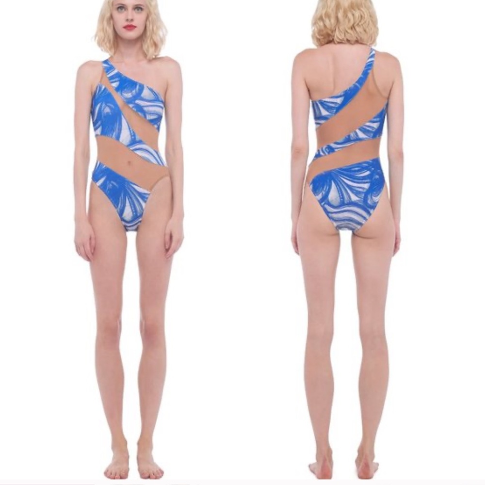 Norma Kamali Snake Mesh Mio 1-Piece Swimsuit Bodysuit Blue Swirl White - S - NWT